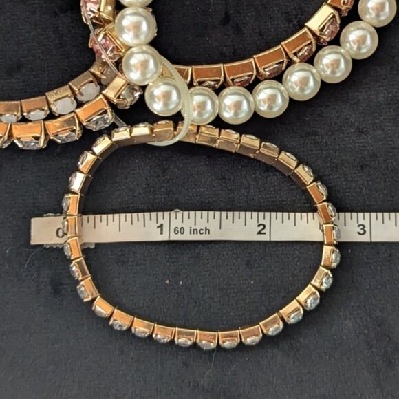 Pearl Rhinestone and Gold Crystal Bracelet Set Adjustable Stretchable Retro 90s - Picture 6 of 8